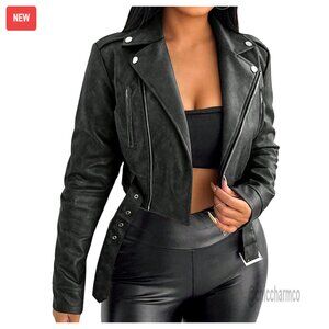 PU Leather Motorcycle Jacket Zip Up Long Sleeve Crop Bomber Coat Streetwear
